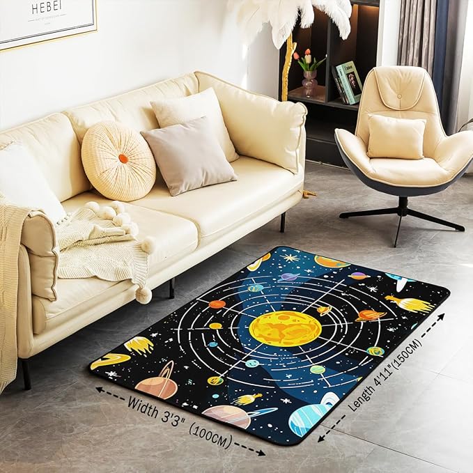Outer Space 3 x 5 Area Rug Universe Solar System Rugs for Living Room | Cosmic Planet Washable Rug, Educational Learning Galaxy Carpet Indoor Floor Mat