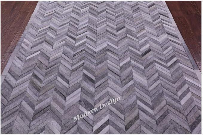 Modern Design Premium Cowhide Leather Carpet with Chevron Pattern, Area Rug (Natural Multi Grey, 2x3)