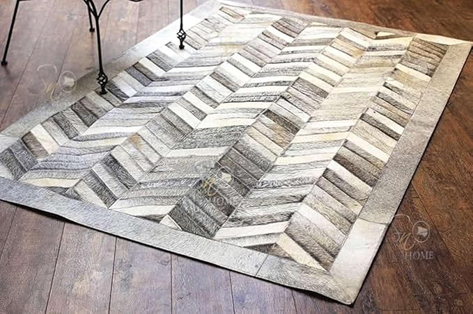Chevron Pattern Faux Cowhide Area Rug | Non-Slip Leather Carpet for Living Room, Bedroom, and Office | Modern Designer Rug for Home Décor(5x8 ft_Grey)