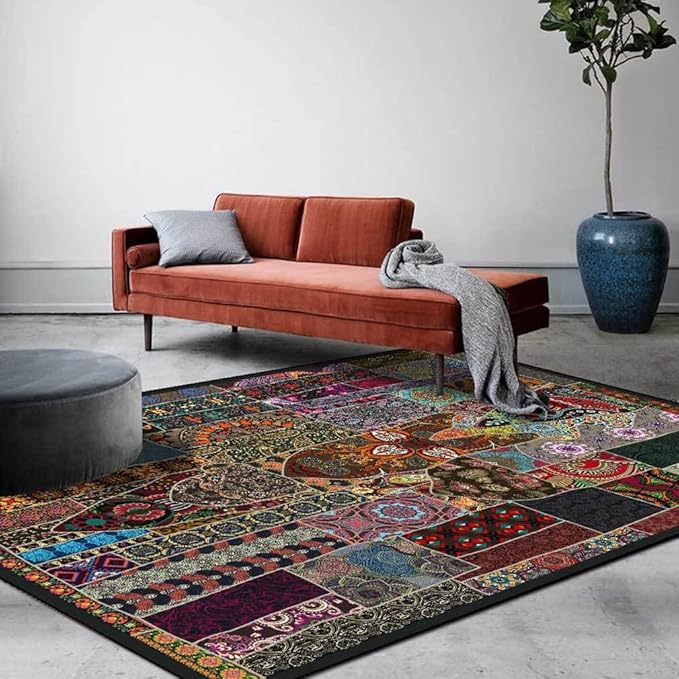 Vintage Boho Area Rugs Multicolor Ethnic Style Geometric Splicing Carpets Bedroom Living Room Kitchen Floor Mats Indoor Outdoor Non-Shedding Runner Rug Home Décor Carpet 3' X 4'