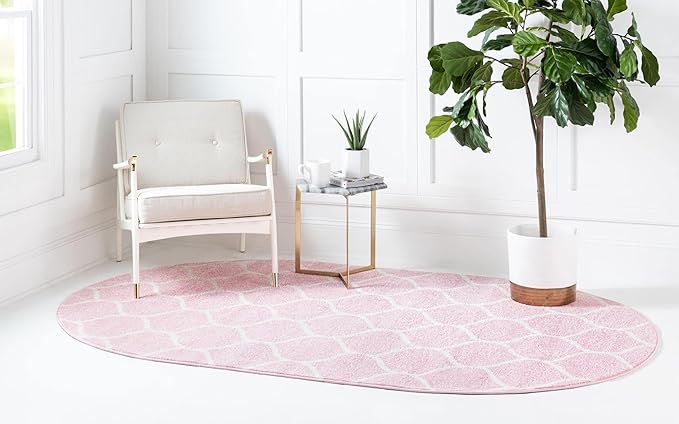 Rugs.com Lattice Frieze Collection Rug – 3' 3 x 5' 3 Oval Light Pink Medium Rug Perfect for Living Rooms, Large Dining Rooms, Open Floorplans