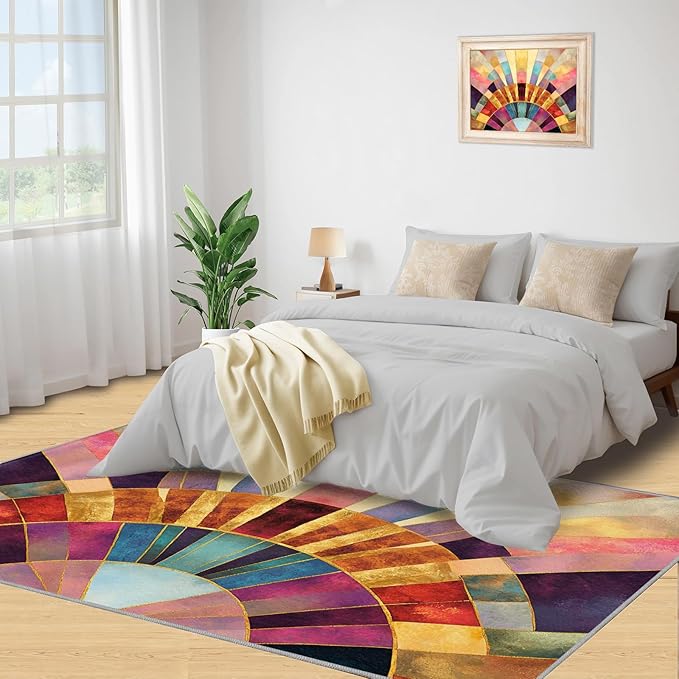 Chromatic Geometric Area Rugs 3x5ft, Abstraction Deco Boys Rugs for Bedroom, Mosaic Sunburst Kids Room Rug Soft Fuzzy Washable for Living Room Game Room Coffee Table