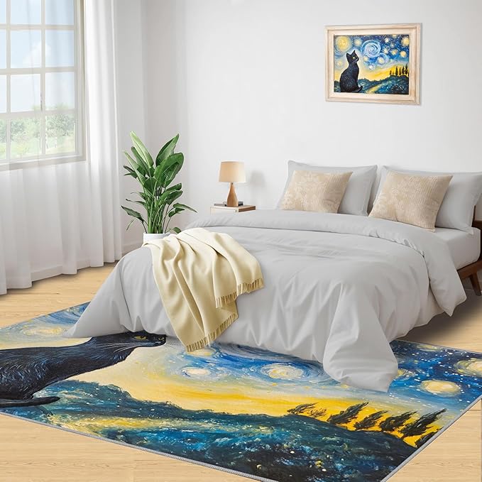 Black Cat Rugs for Bedroom - 3x4 Area Rug - Starry Sky Countryside Rugs for Living Room, Vintage Oil Painting Art Rug, Washable Home Decor Carpet