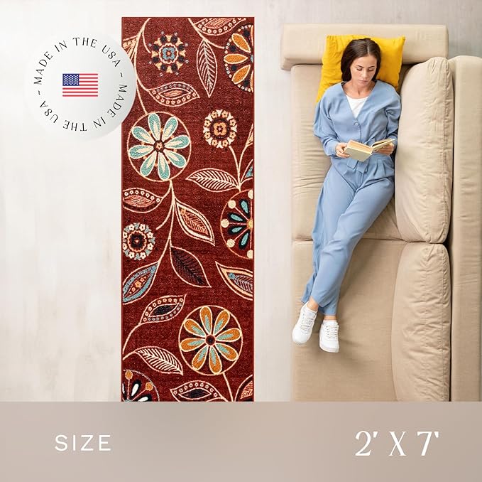 Maples Rugs Reggie Floral Runner Rug - Made in USA - Washable, Non Slip Indoor Carpet for Kitchen, Hallway, and Laundry Room, 2' x 7', Merlot