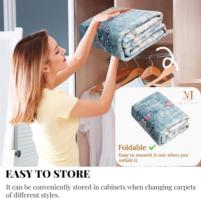 MUJOO 9’x12’ Area Rug Large Rugs for Living Room Teal Rug for Bedroom Dining Room Boho Rug Washable Rug Non Slip Big Carpet Abstract Soft Low-Pile Floral Flowers