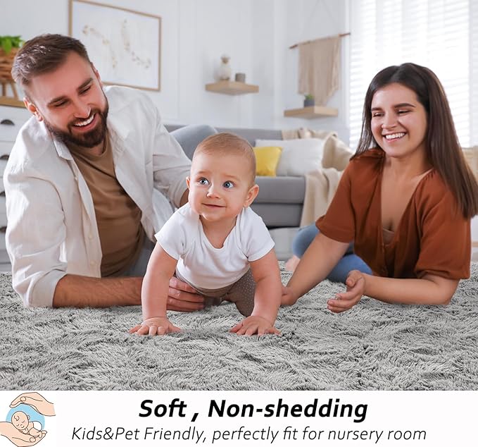 Beglad Fluffy Large Area Rugs 6x9 Feet, Modern Minimalist Style Shag Fuzzy Rugs, Non-Slip Indoor Carpet Soft Rugs for Kids Room, Bedroom & Living Room, Grey