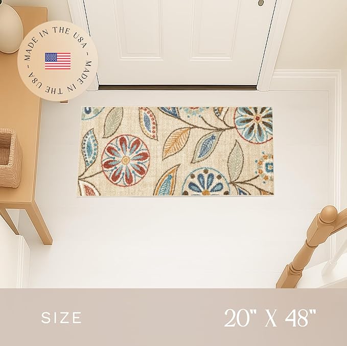 Maples Rugs Reggie Floral Runner Rug - Made in USA - Washable, Non Slip Indoor Carpet for Kitchen, Hallway, and Laundry Room, 1'8 x 4', Beige