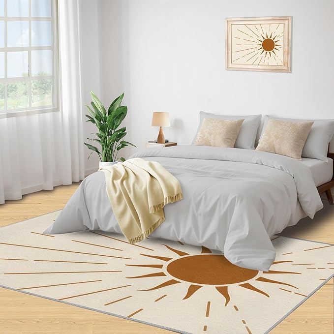 Boho Sun Area Rugs 6x8ft, Radiant Sunburst Living Room Area Rug, Geometric Solar Play Rug with Carpet Tape Double Sided for Bedroom Office Home Decor