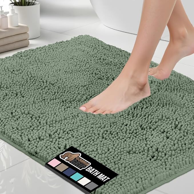 GORILLA GRIP Bath Rug Mat 48x17, Soft Absorbent Chenille, Quick Dry Microfiber Mats, Rubber Backing Washable Shower Floor Rugs, Bathmat Runner, US Designed Bathroom Home Decor Accessories Sage Green