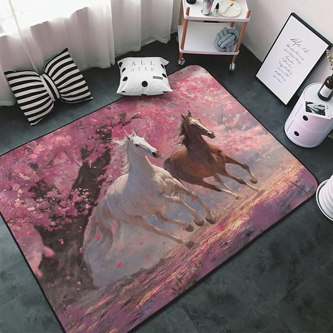 Galloping Horse Cherry Blossom Area Rug Washable Outdoor Rugs Anti-Slip Soft Carpet Entryway Indoor Door Mat for Bedroom,Living Room,Porch,Terrace and Entrance Decor 2'x 1'