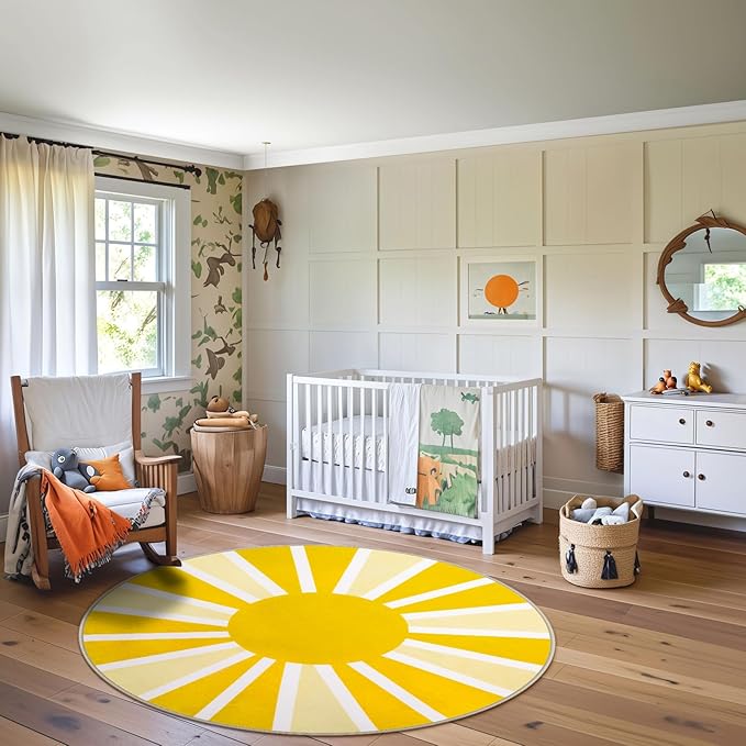 Lahome Washable Round Rug - 6Ft Round Area Rug for Living Room Low-Pile Soft Round Nursery Rug Non-Slip Large Round Dining Room Rug, Boho Rainbow Sun Print Circle Rugs for Bedroom (6'x6', Yellow)