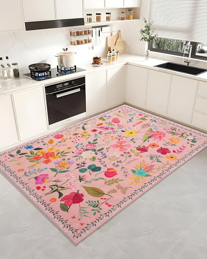 Boho Washable Area Rug 5x7 – Floral Low Pile Non-Slip Carpet for Living Room, Bedroom, Office, Playroom, Entryway, Kitchen, Dining Room (Pink)