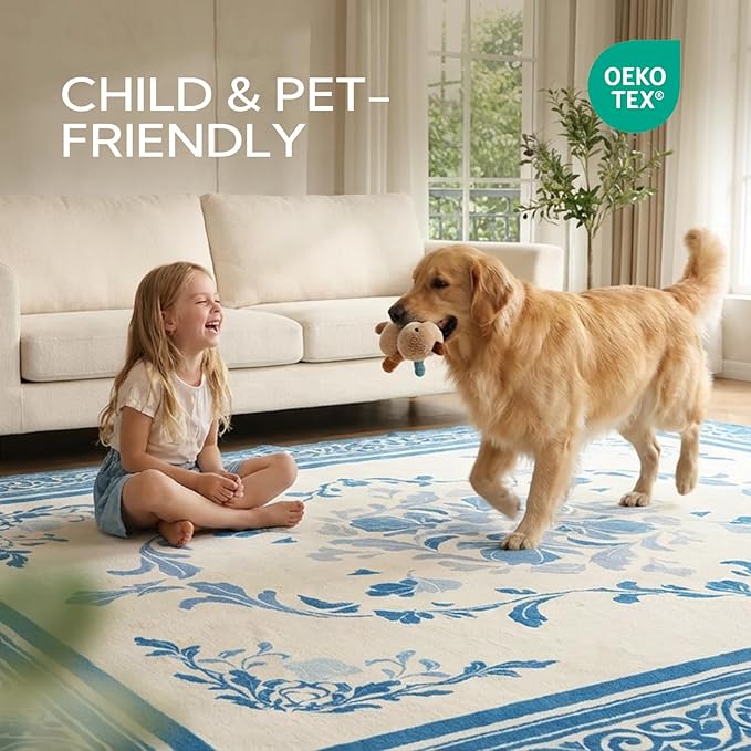 SOULFUL Medium Pile 3x5 Area Rug - Cozy Soft Underfoot Small Entryway Rug - Blue Boho Floral - Washable Non-Slip - Perfect for Living Room Bedroom Foot Kids Room Reading Nook