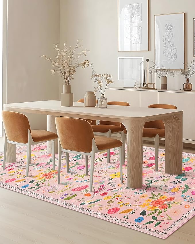 Boho Washable Area Rug 4x6 – Floral Low Pile Non-Slip Carpet for Living Room, Bedroom, Office, Playroom, Entryway, Kitchen, Dining Room (Pink)