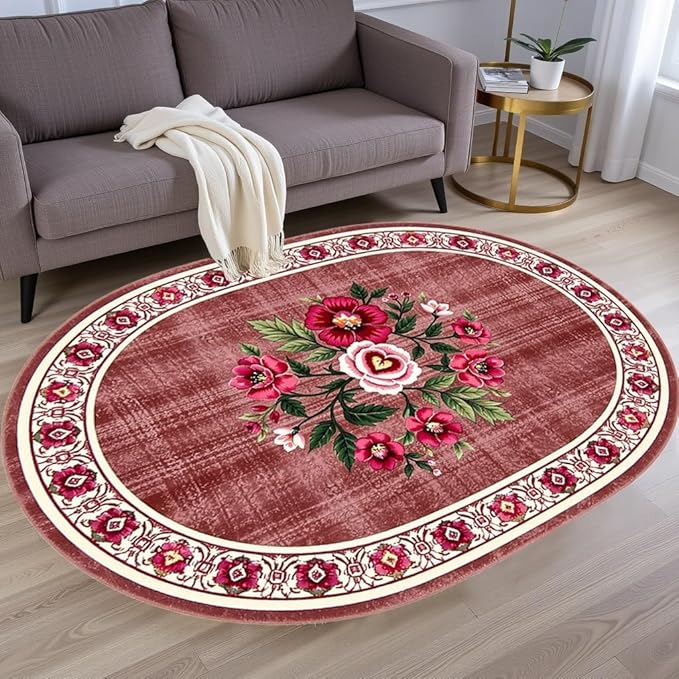 Retro Country Distressed Burgundy Green Florals Texture Bordered Rugs 10x14 for Living Room Bedroom Dining Room Soft Washable Non Skid Area Rug Guestroom Kitchen Doormats Rustic Indoor Oval Carpet