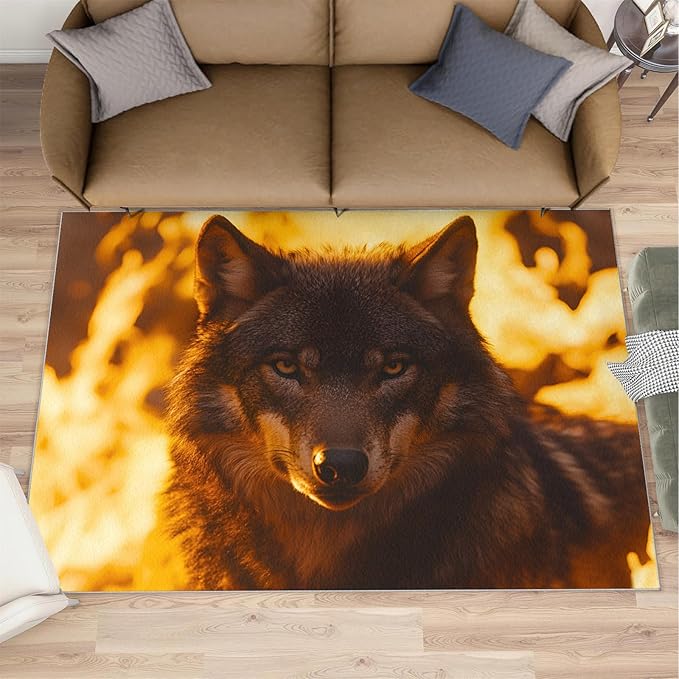Wolf Rugs for Bedroom - 6x9 Area Rug - Timber Wolf Rugs for Living Room, Sunset Landscape Rug, Non-Slip Washable Home Decor Carpet
