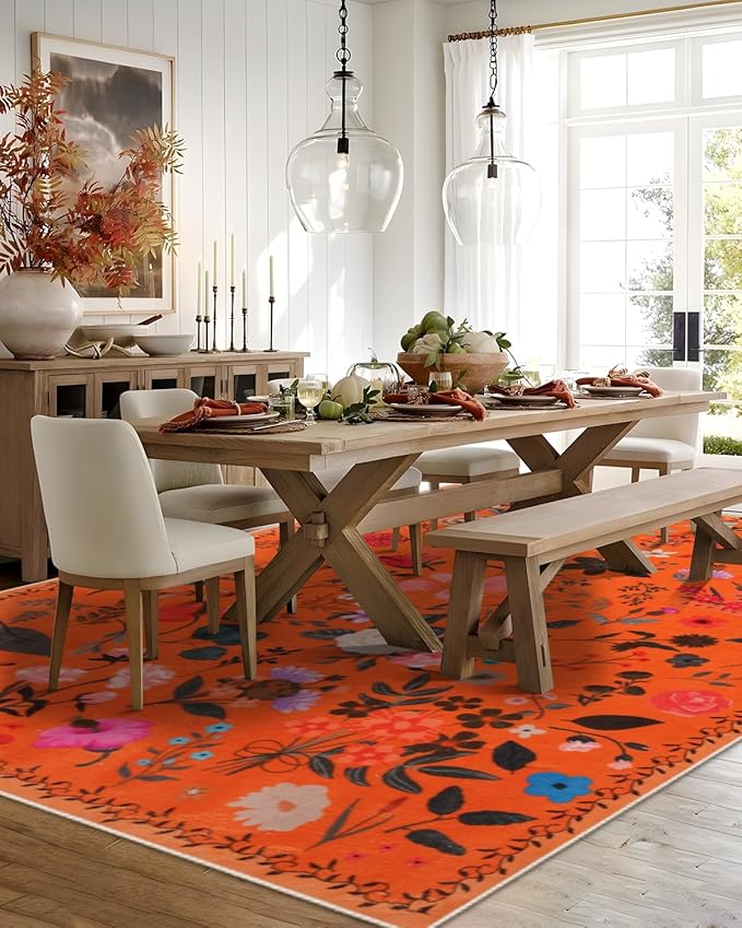 Area Rug 9x12, Washable Large Rugs for Living Room, Non Slip 0.27" Low Pile Vintage Floral Large Carpet for Bedroom, Dining Room, Kids Playroom (Orange)