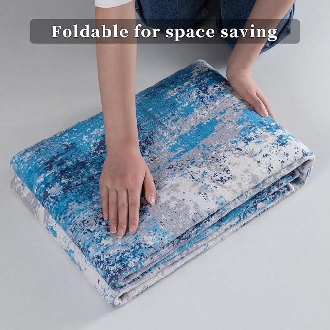 Ciicool 2x6 Washable Runner Rug, Modern Abstract Hallway Rugs Runner, Non-Slip Thin Accent Rug Lightweight Grey Blue White Print Distressed Carpet for Laundry Entryway Bedroom Kitchen Indoor