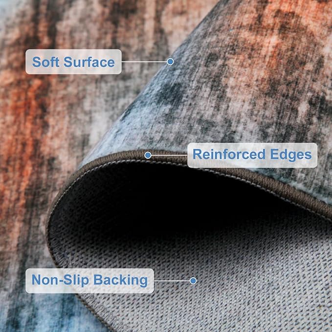 WILLSUN Washable Area Rugs, 4x6 Non-Slip Boho Large Area Rugs for Living Room, Bedroom, Machine Washable Vintage Rug, Indoor Floral Print Carpet for Home Decor, Kid & Pet Friendly Mat
