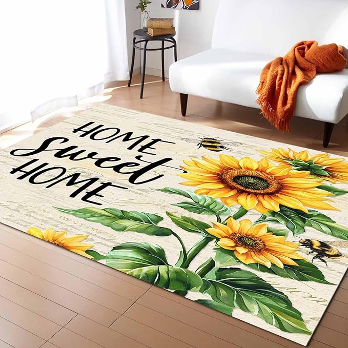 Summer Sunflowers Rectangular Area Rugs for Living Room Bedroom 5 x 6.9 ft Rustic Floral Bees Green Leaves Non-Shedding Soft Low Pile Rug Non Slip Washable Rug for Nursery Entryway Playroom