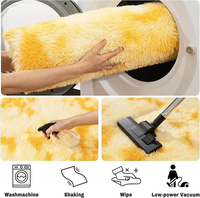 Soft Fluffy Area Rug for Bedroom, Fuzzy Shaggy Oval Throw Rugs for Bedside, Non-Slip Cozy Plush Shag Carpet for Kids Room Nursery Dorm Living Room, Tie Dye Yellow, 2.6 x 5.3 Feet, 2 Packs