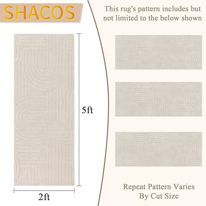 SHACOS Soft Cozy Fluffy Arch Pattern High-Low Pile Runner Rugs 2'x5' Non Slip Washable Scandinavian Minimalist Rug Runner Modern Geometric Carpet for Bedroom Bathroom Hallway Living Room, Beige