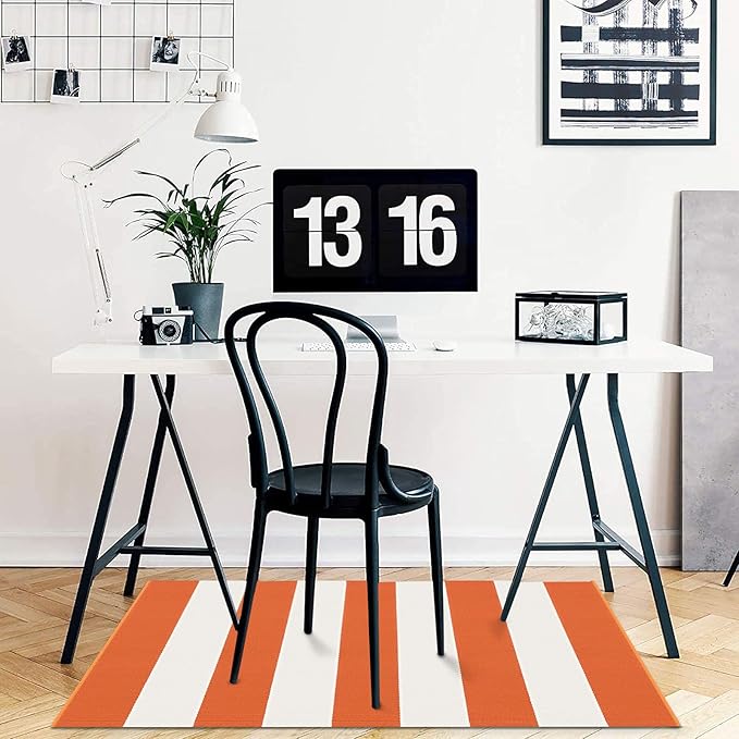 KOZYFLY Orange and White Striped Rug Doormat 2x3 Ft Halloween Fall Cotton Woven Washable Indoor Outdoor Rugs for Layered Door Mats Porch/Kitchen/Farmhouse