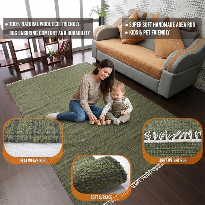 Rugsotic Carpets Hand Woven Flat Weave Kilim Wool ECO-Friendly Area Rugs - 10'x13', Rectangle Shape, Olive Color, Solid Plain Design, Low Pile Handmade Area Rugs for Living Room, Bed Room (D00111)