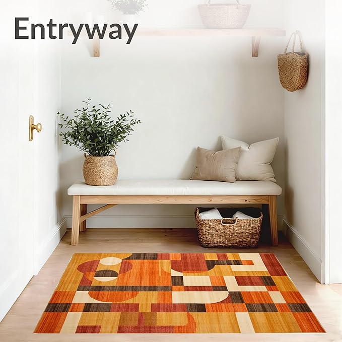 Flatwoven High Traffic Area Rug 8x10, Orange Rust Copper Abstract Geometric Shape, Non Slip, Stain Resistant, Washable Area Rugs for Living Room, Bedroom (Orange, 8x10)