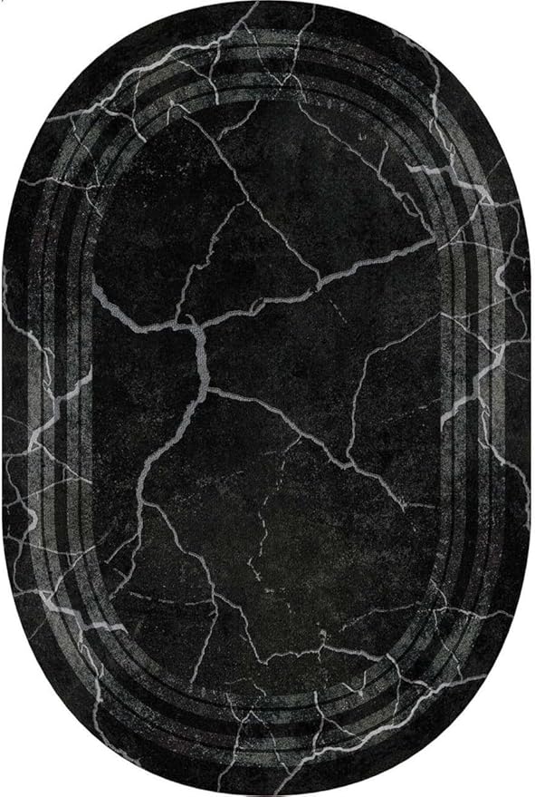 Black Grey Striped Texture Bordered Rugs 6x8 Modern Minimalist Indoor Large Area Rug for Living Room Bedroom Dining Room Soft Faux Wool Non Slip Floor Mats Entrance Bathroom Home Office Oval Carpet