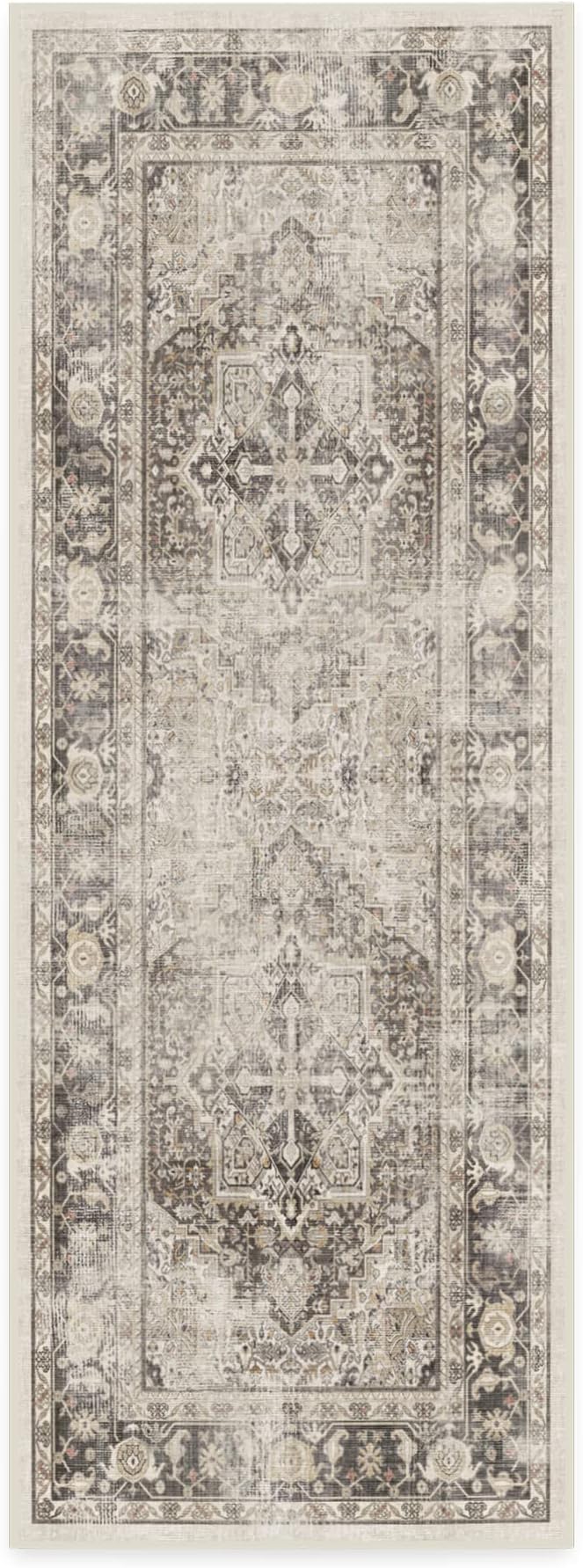 RUGGABLE Washable Vintage Runner Rug – Kamran Hazel 2.5x7, Stain-Resistant, Non-Slip Hallway Runner – Machine Washable Rug for Hallway, Entryway, Living Room & Kitchen–with Cushioned Pad
