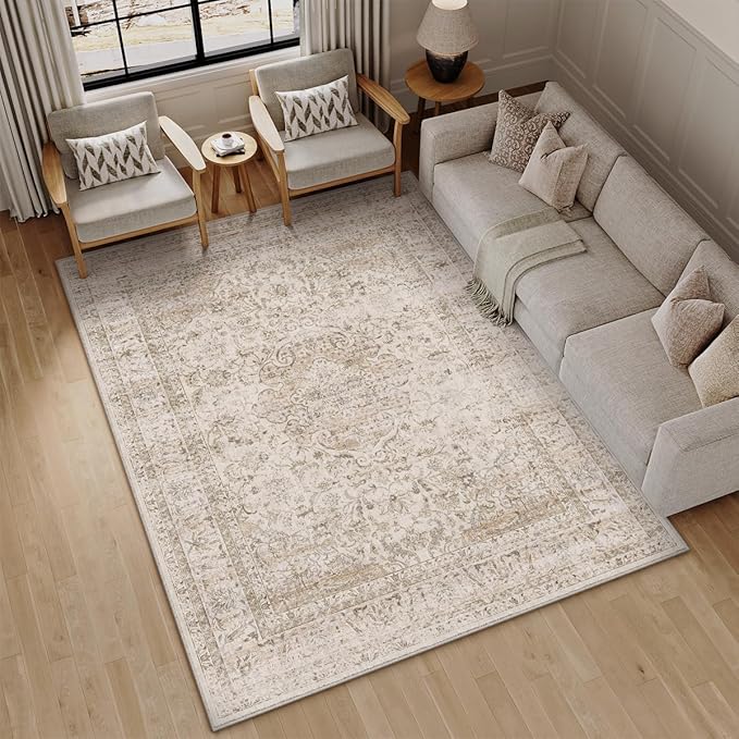 6x9 Washable Beige Area Rug Vintage Living Room Bedroom Carpet Non-Slip Soft Low Pile Distressed Indoor Throw Rug for Dining Room Entryway Office