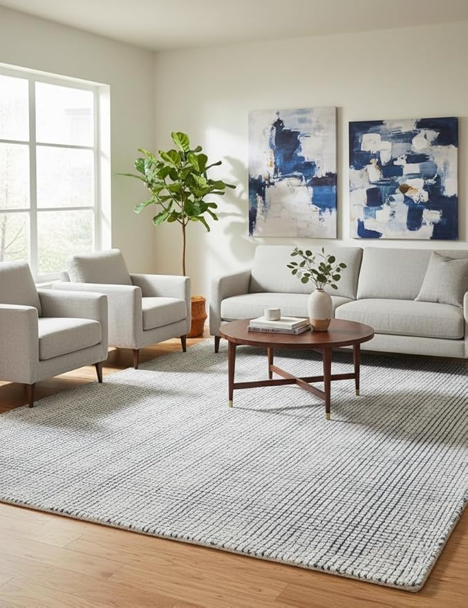 Hand-Tufted 100% Wool Pile Area Rug – Geometric Textured Grid Check Pattern – Thick and Durable Floor Carpet for Bedroom, Living Room, Kids Room, and Dining Area (Indigo Blue, 9' x 9')
