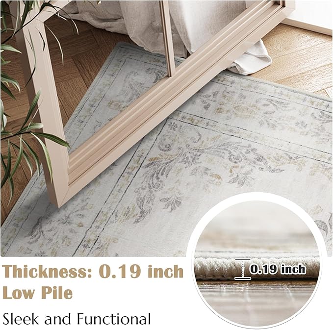 jinchan Vintage Floral 5x7 Area Rugs - Machine Washable Distressed Design Soft Ultra-Thin Low-Pile Non-Slip Carpet for Kitchen Bedroom Nursery Living Room Dining Room Home Office (5x7ft, Light Grey)