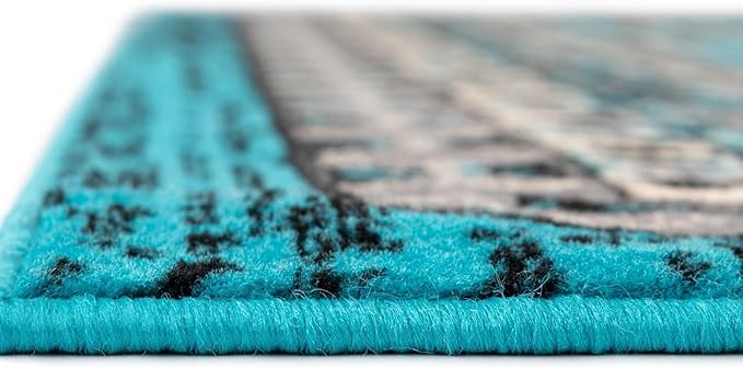 Unique Loom Taftan Collection Border Geometric Tribal Inspired Design Area Rug (3' 0 x 16' 5 Runner, Turquoise/ Gray)