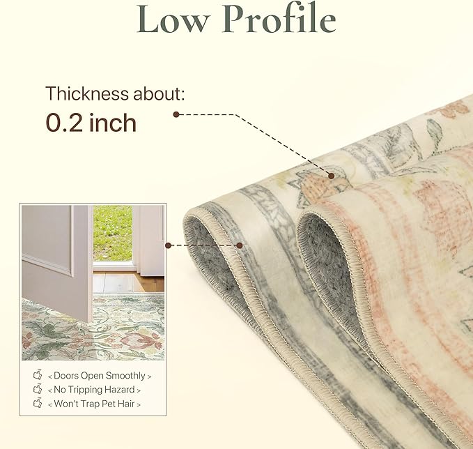 Bavni 8x10 Area Rugs for Living Room, Microfiber Machine Washable Non-Slip Vintage Floral Rug, Low Pile Lightweight Carpet for Bedroom, Dining Room, Home Office, Beige&Green