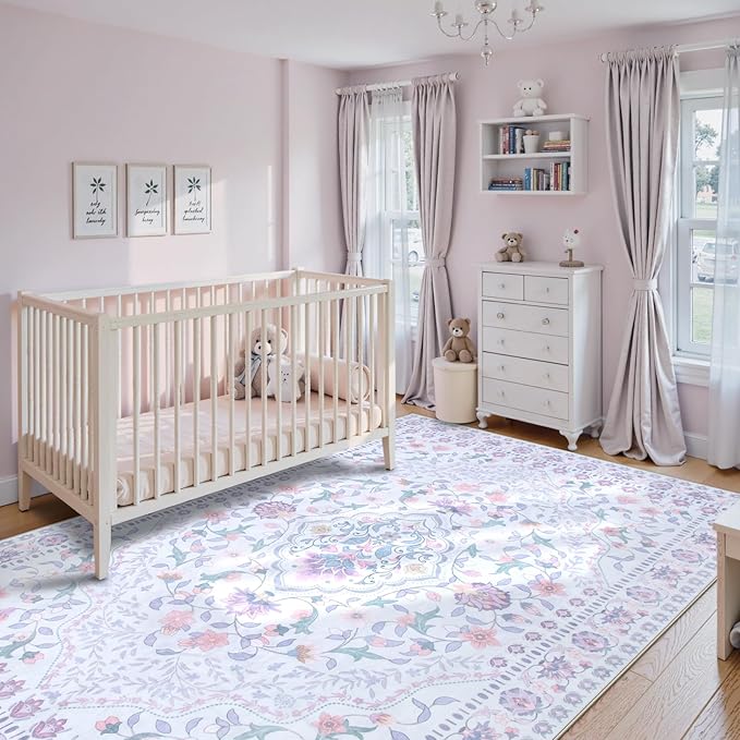 Wonnitar Floral Purple Rug for Bedroom, 8x10 Washable Rugs for Nursery Girls, Boho Low Pile Soft Non Slip Carpet for Dorm Living Room Playroom Home Decor, Pale Purple