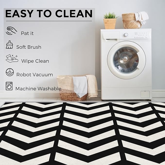 5x7 Black and White Chevron Rugs for Bedroom Decor, Washable Chevron Geometric Pattern Area Rug, Living Room Home Decoration, Non Slip Soft Thin, Modern Zigzag Decor Carpet PF-P 49