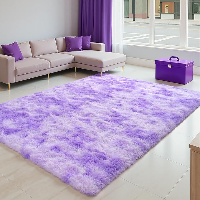Zentavio Large Area Rugs for Living Room, 8x10 Fluffy Purple Rugs for Girls Room, Soft Shag Aesthetic Plush High Pile Throw Carpet for Bedroom Nursery Kids Room Dorm Room Tie-Dyed