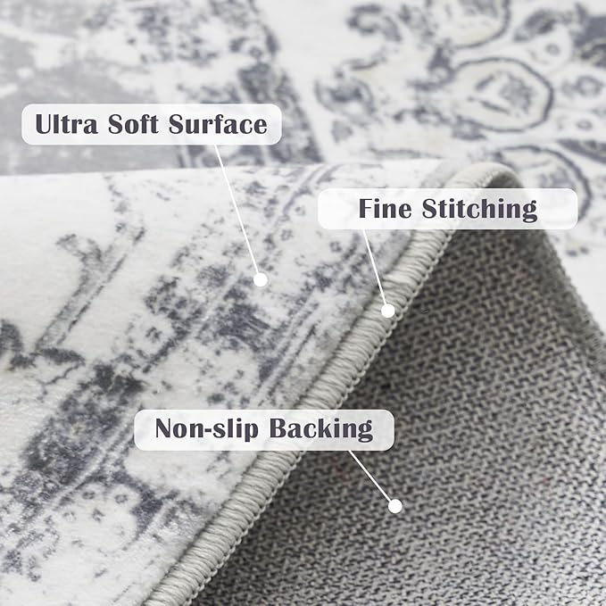 jinchan Fiora Round Rug 8ft Area Rug - Grey Vintage Floor Mat Indoor Ultra-Thin Soft Floral Print - Washable Circle 8' Retro Accent for Farmhouse Non Slip Dining Room Living Room Bedroom Office
