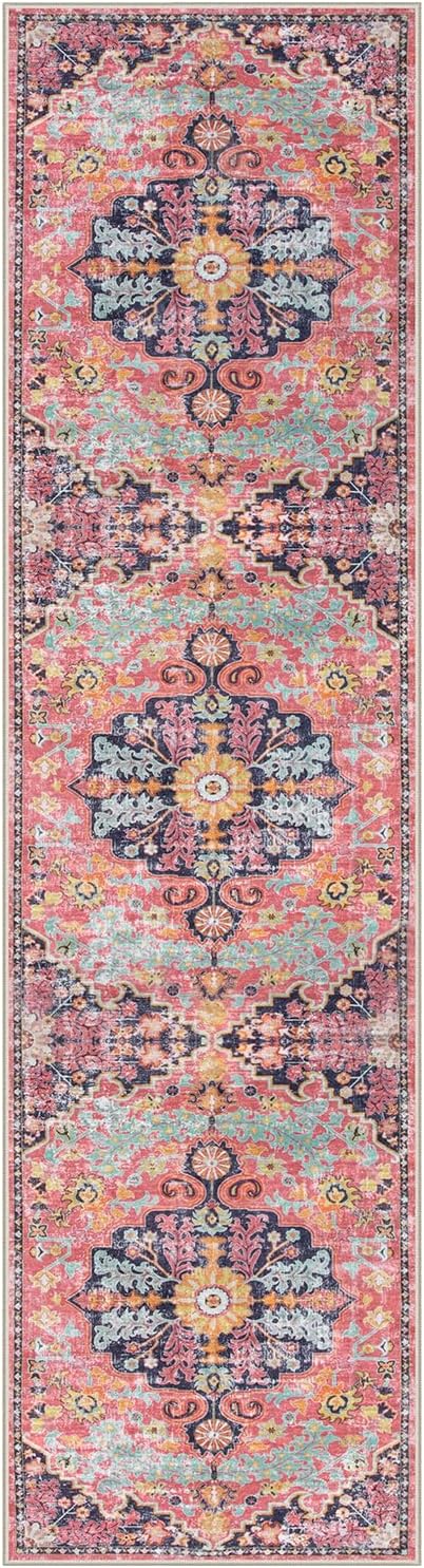 Lahome Boho 2'8"x10' Washable Hallway Kitchen Runner Rugs with Rubber Backing, Bohemian Non-Slip Soft Kitchen Runners, Non-Shedding Faux Wool Stair Carpet Runner for Hall Bathroom, Fuchsia/Multi