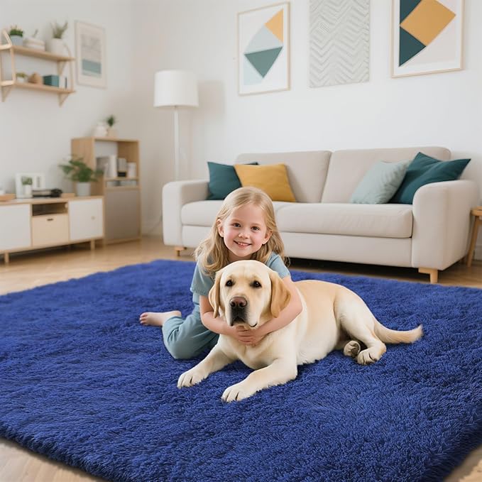 Blue Fluffy Rug Shaggy Area Rug, 8x10 Area Rugs for Girls Bedroom, Big Soft Shaggy Bedside Non-Slip Plush Dorm Nursery Kids Carpet Home Decor Aesthetic