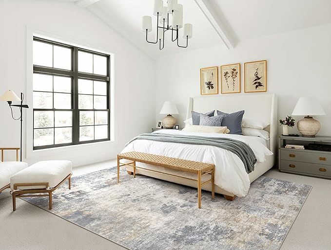 6x9 Area Rug Living Room Rugs - Washable Neutral Modern Abstract Soft Thin Large Rug Indoor Floor No Slip Rug Carpet for Bedroom Under Dining Table Home Office Decor - Blue Grey