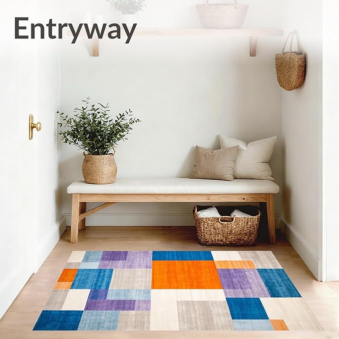 Flatwoven High Traffic Area Rug 6x9, Modern Abstract Color Block Area with Artistic Flair, Non Slip, Stain Resistant, Washable Area Rugs for Living Room, Bedroom (Blue, 6x9)