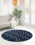 Unique Loom Glam Collection Area Rug - Trellis (3' 3' Round, Navy Blue Gold/ Gold)