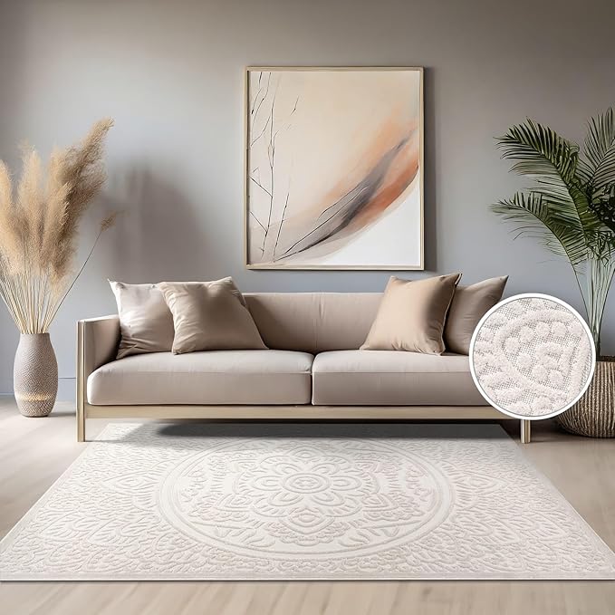Paco Home Modern in- and Outdoor Rug with Carved Oriental Mandala Pattern in Cream, Size: 6'7" x 9'6"