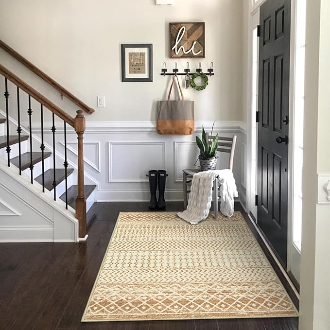 Moroccan Area Rug 3x5, Washable Non Slip Indoor Front Door Rug, Soft Non-Shedding Neutral Rug Carpet for Bedroom Kitchen Nursery Living Room Office Decor