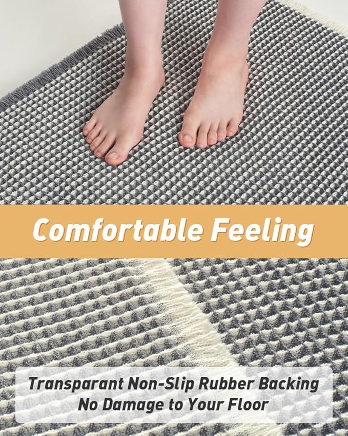 Upgraded Waffle Bath Mat, Super Absorbent Non Slip Bath Mats for Bathroom Floor, Machine Washable Bathroom Rugs with Tassels, Rubber Backed Bathroom Mats, Ultra Soft, 18" x 30",DarkGrey & Cream