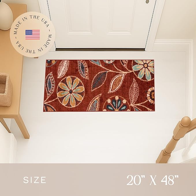 Maples Rugs Reggie Floral Runner Rug - Made in USA - Washable, Non Slip Indoor Carpet for Kitchen, Hallway, and Laundry Room, 1'8 x 4', Merlot