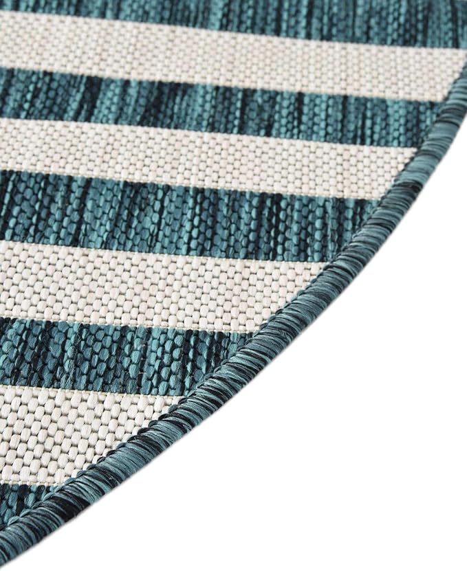 Unique Loom Outdoor Striped Collection Area Rug - Striped (4' 1" Round, Teal/Ivory)